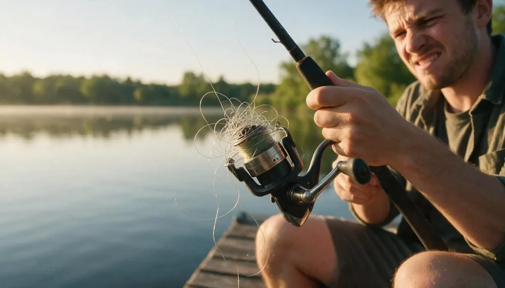 Beginner angler untangling a bird's nest of fishing line on his spinning reel at a lakeside dock