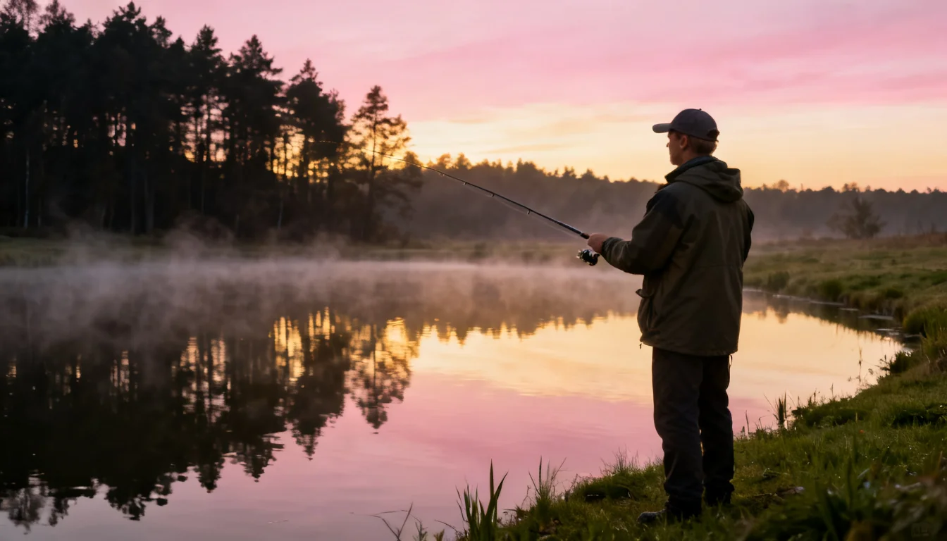 Angler casting a rod at dawn on a misty pond with sunrise light