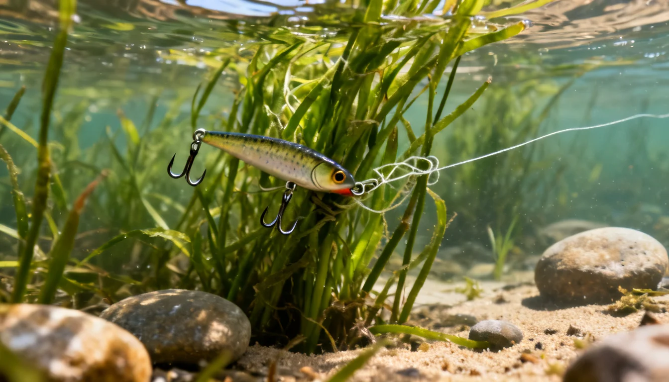 Fishing lure with treble hooks snagged in thick green weeds on a lake bottom