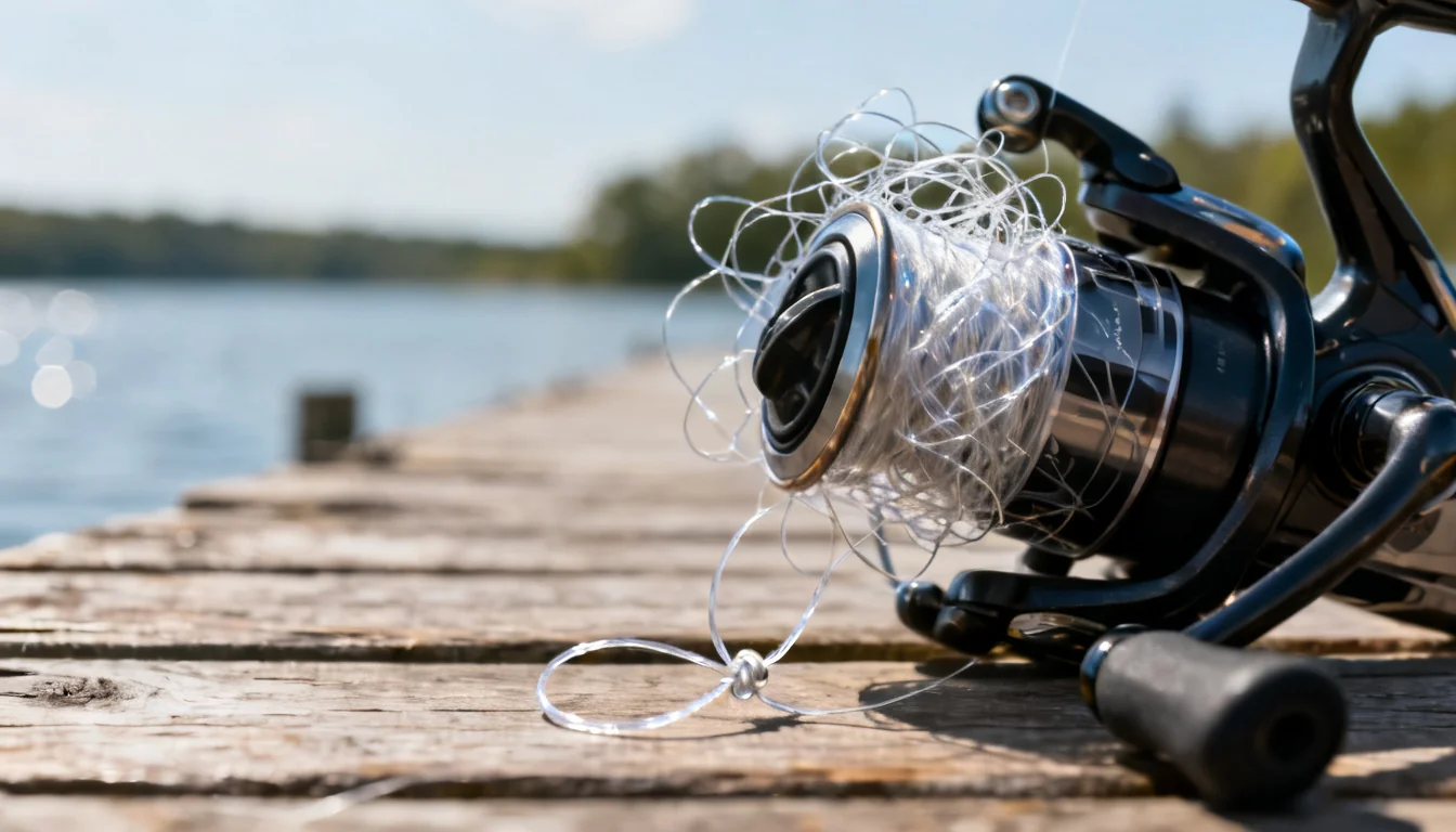 Close-up of a spinning reel spool wrapped in a tangled bird's nest of monofilament line