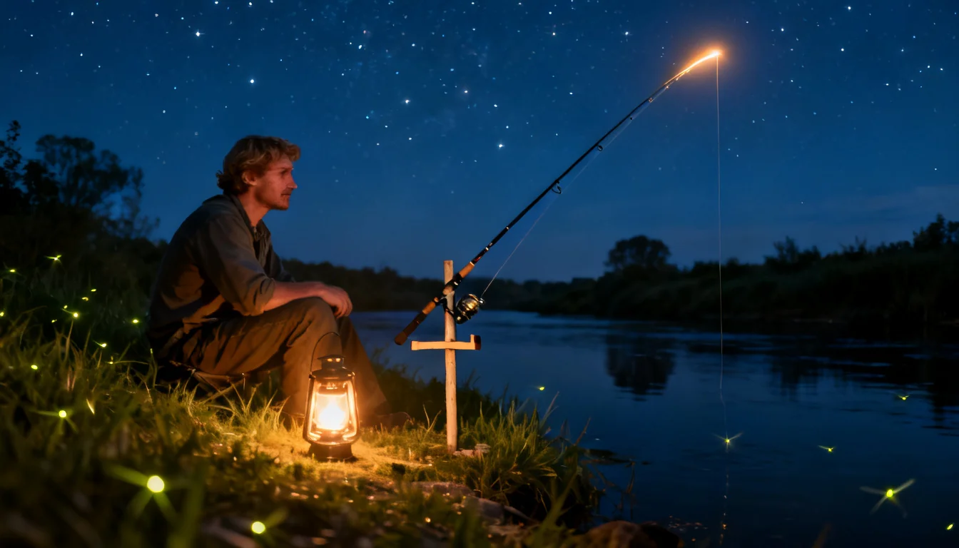 Night bank fishing setup with a rod in a bank stick under lantern light