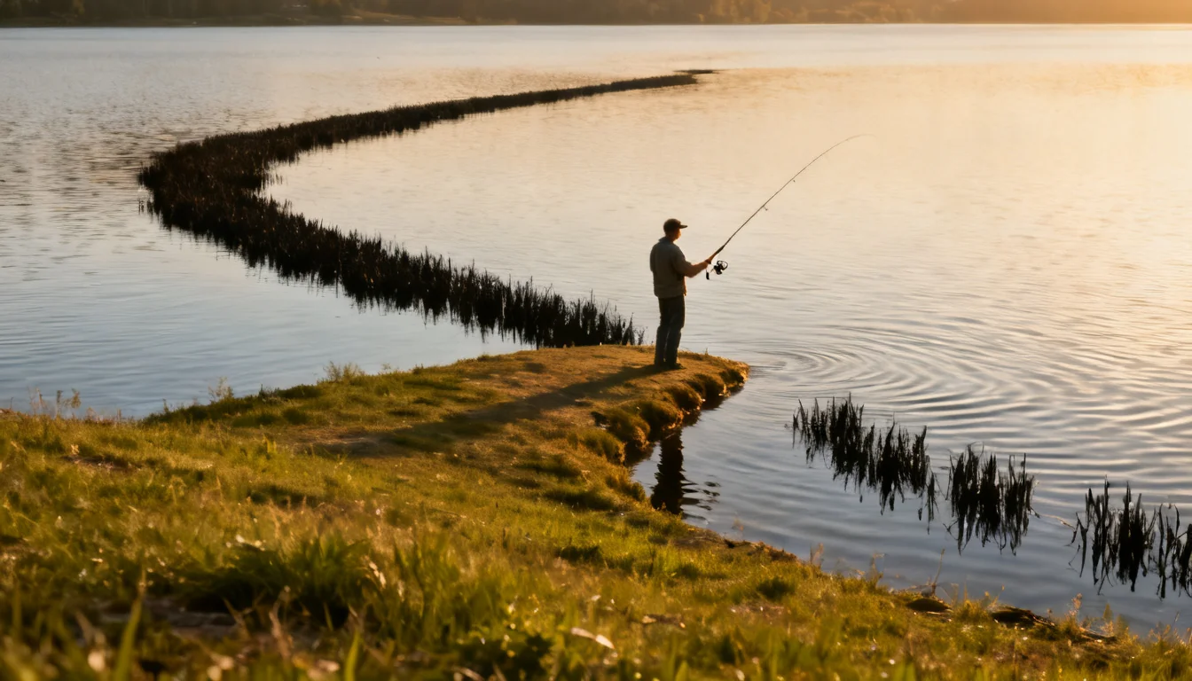 Shore fishing spots: an angler casting from a lake point beside a weed line