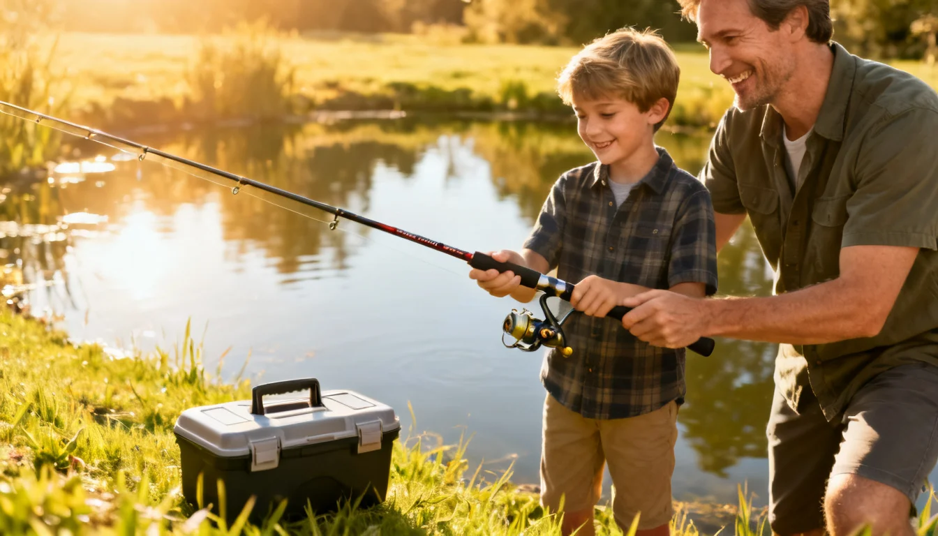 The classic first setup: a spinning combo, a bobber, and a worm.