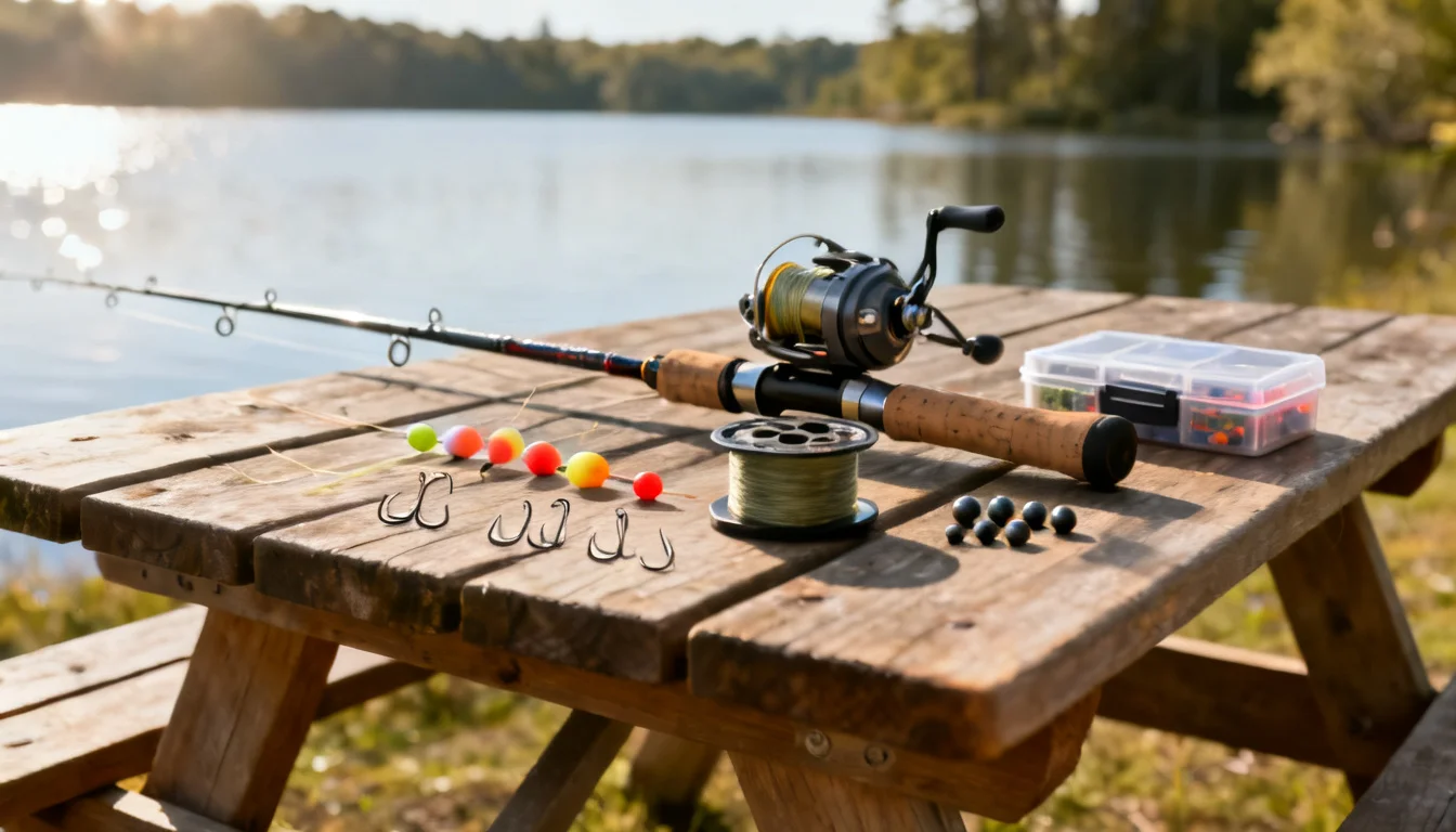 Beginner fishing gear starter kit laid out on a dock: spinning rod and reel combo, line spool, hooks, bobbers and soft plastic worms