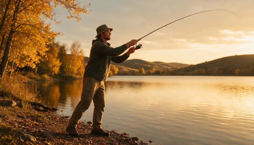 Angler casting on a golden autumn lake shore at sunset