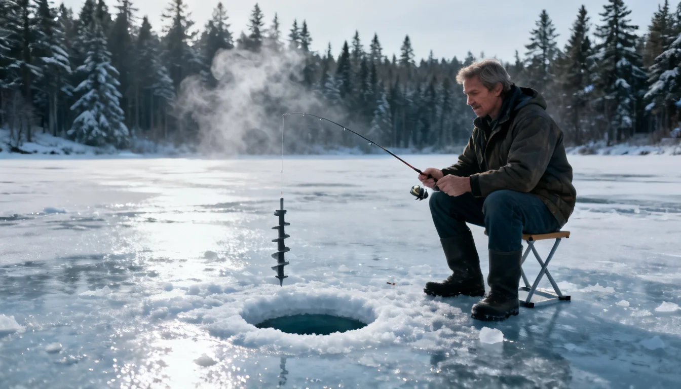 Ice angler fishing through a hole in frozen lake