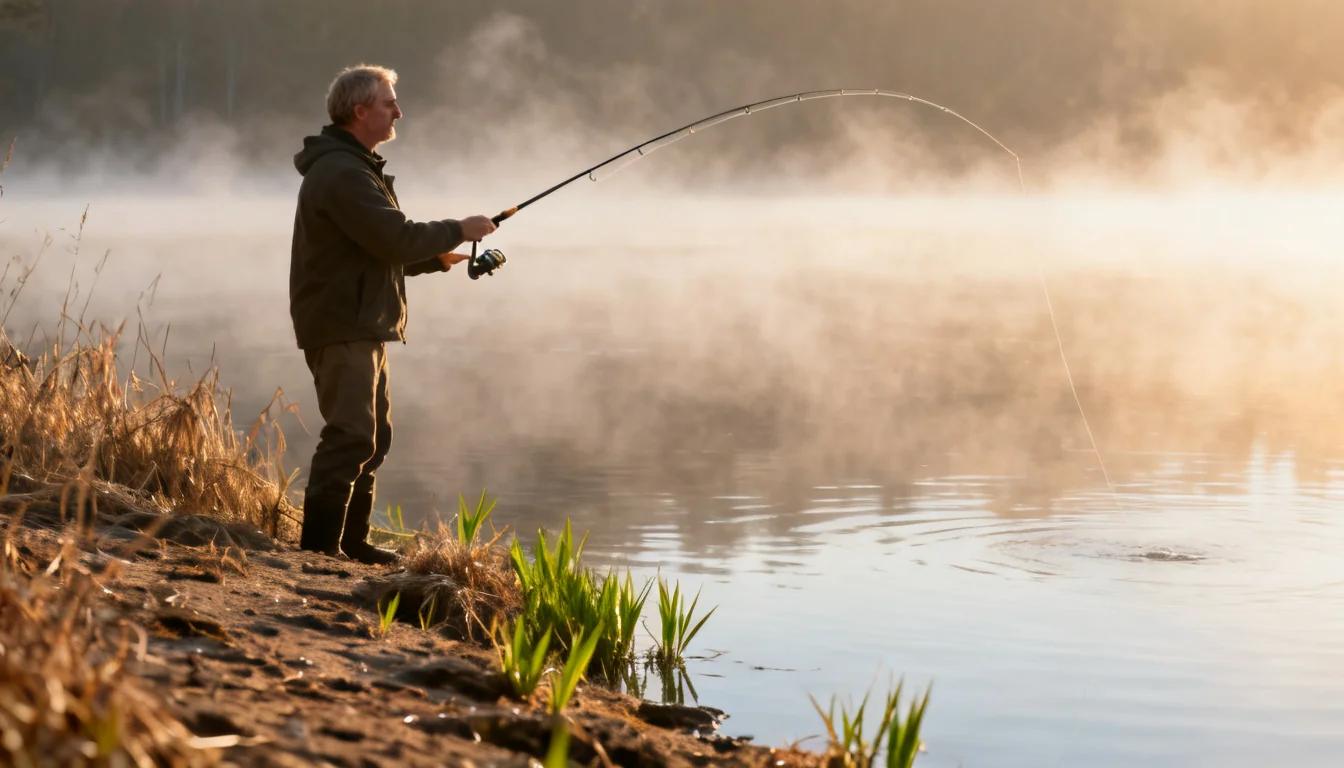Angler casting on a misty spring lake shore