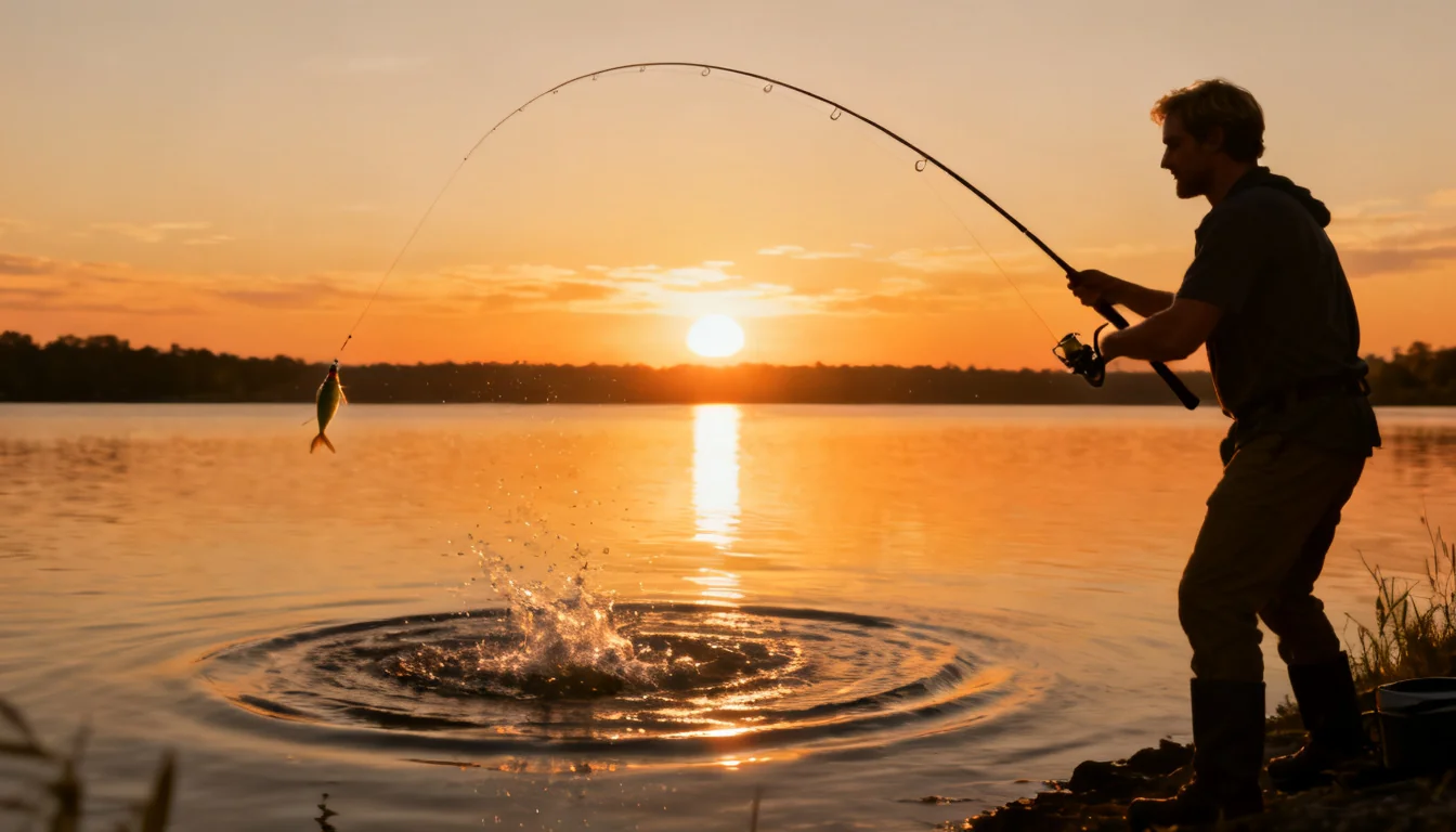 Angler casting a topwater lure at summer dusk