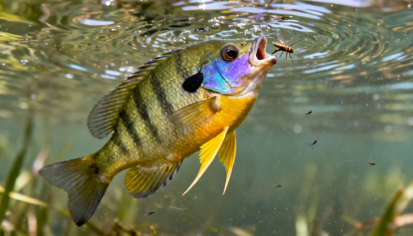 Bluegill rising to eat an aquatic insect near the water surface