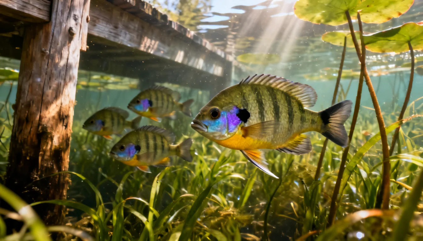 School of bluegill holding among weed beds and lily pads near a dock post