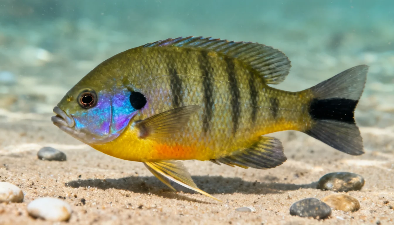 Bluegill identification features: jet-black ear flap, olive back with vertical bars, and yellow-orange belly