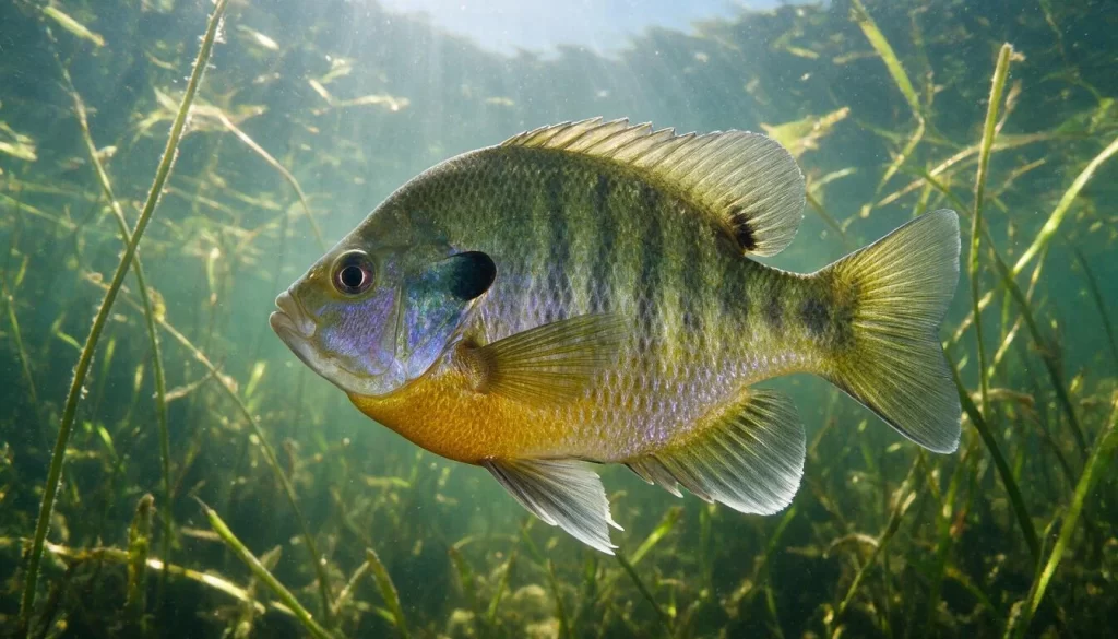 Bluegill sunfish swimming among green weed stems in clear pond water