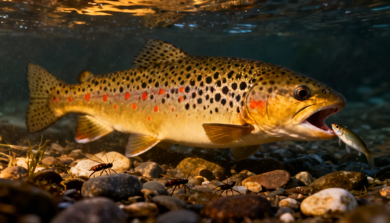 Large brown trout foraging for minnows near the stream bottom