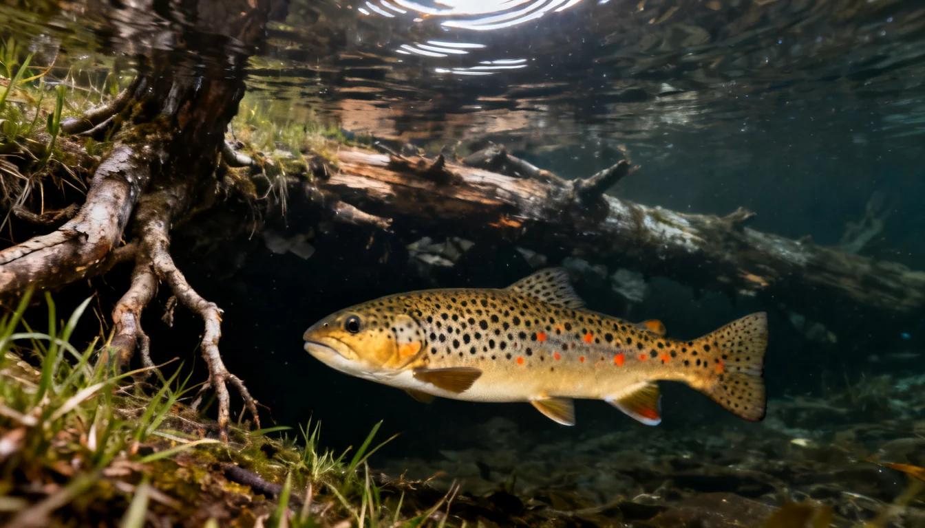 Brown trout holding near an undercut bank and logjam