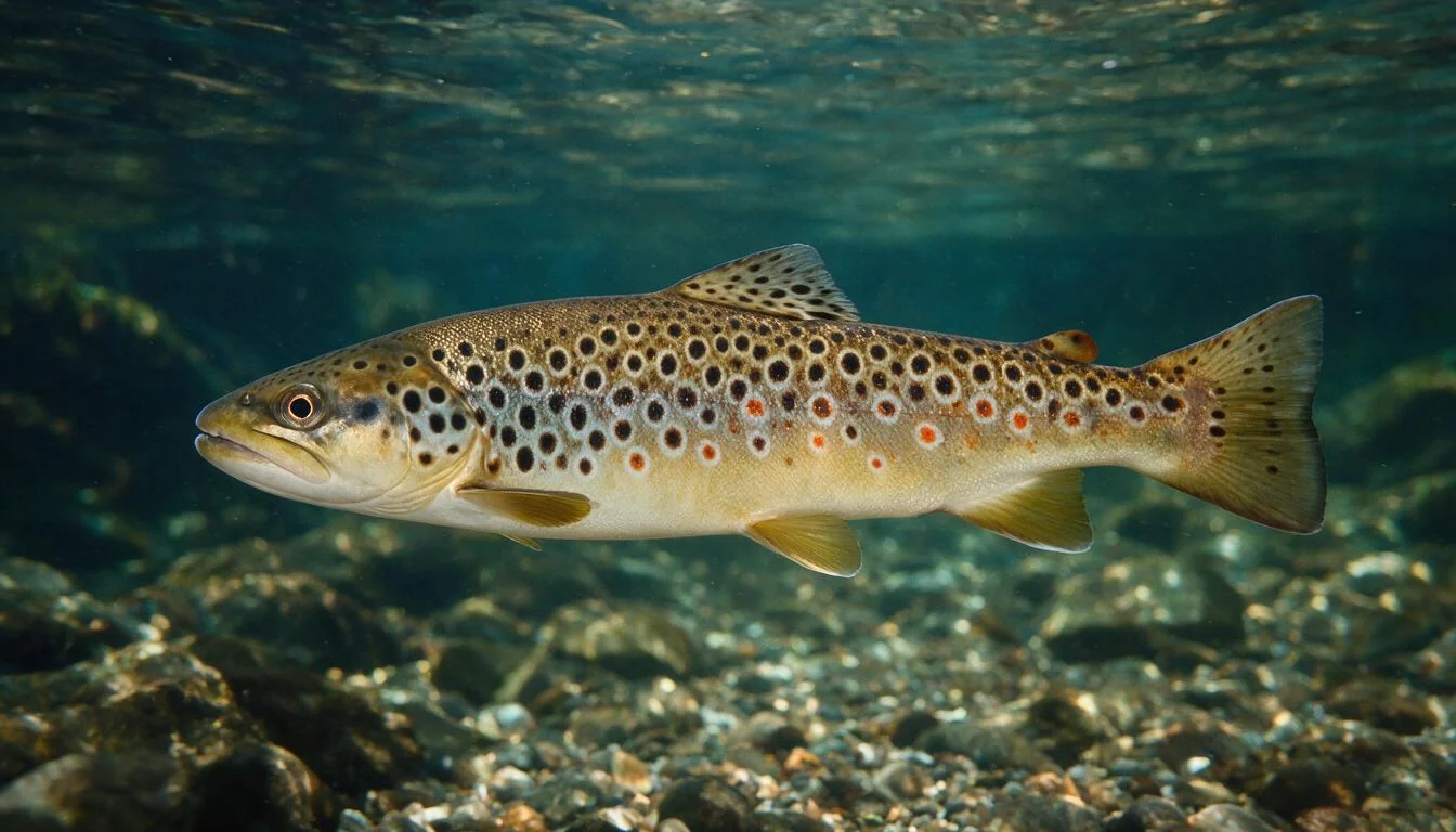 Brown trout swimming in a clear stream