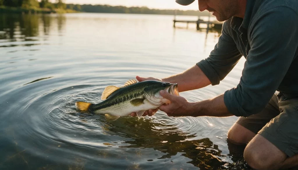 angler cradling a largemouth bass in the water about to release it