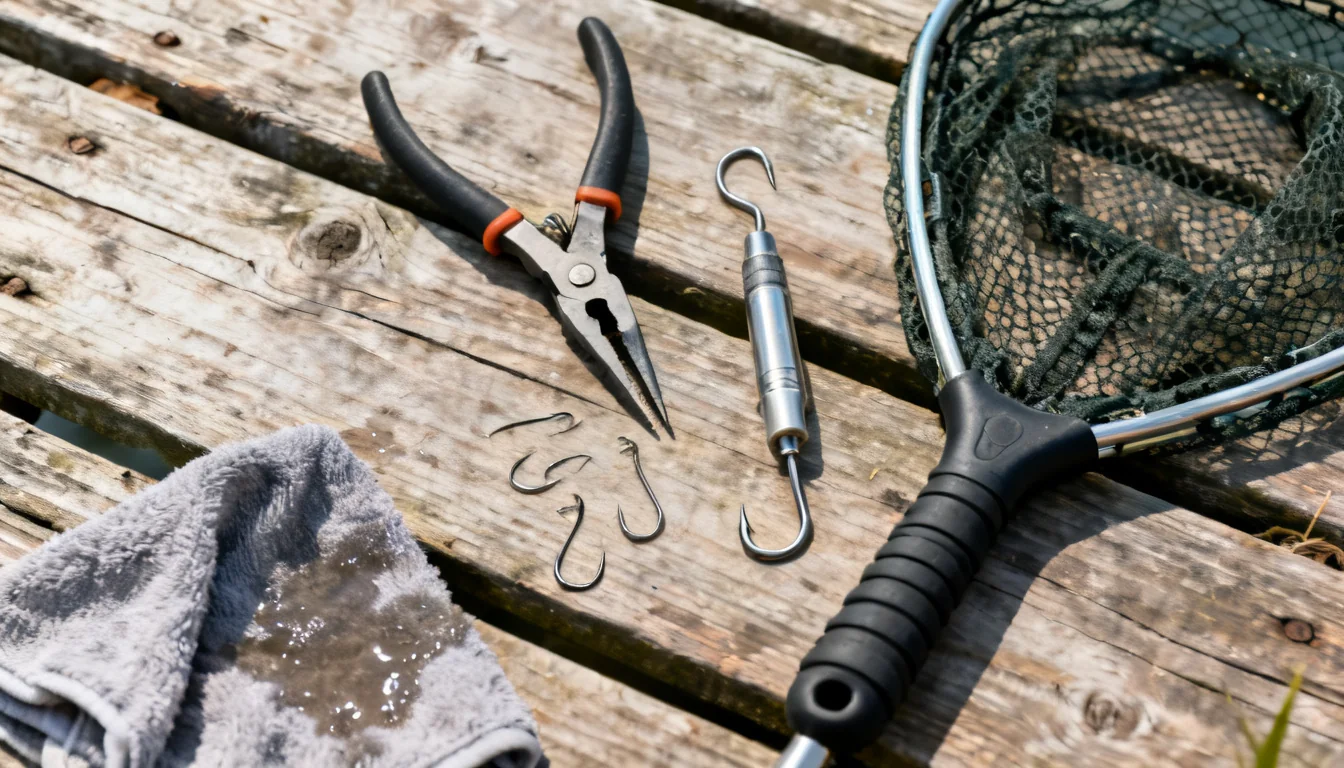 catch and release gear: pliers, hook remover, rubber landing net, barbless hooks