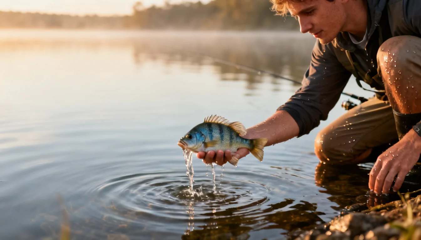 angler reviving a bluegill in the water before releasing it