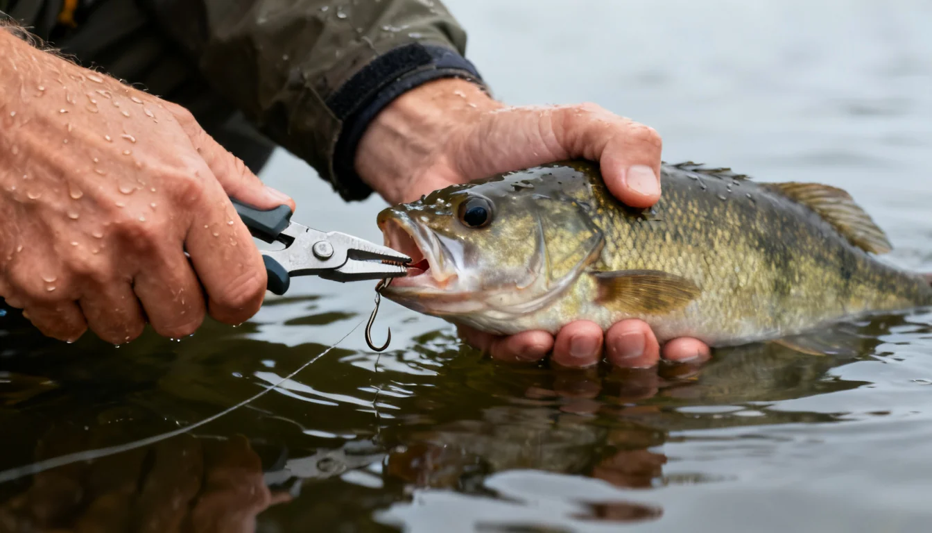 wet hands removing a hook from a fish's mouth with needle-nose pliers