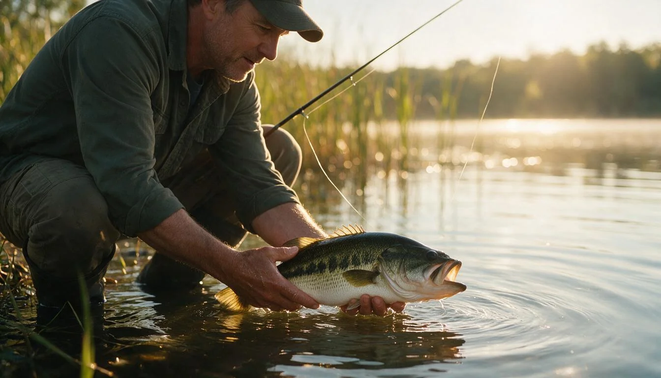 Angler gently releasing a largemouth bass with wet hands