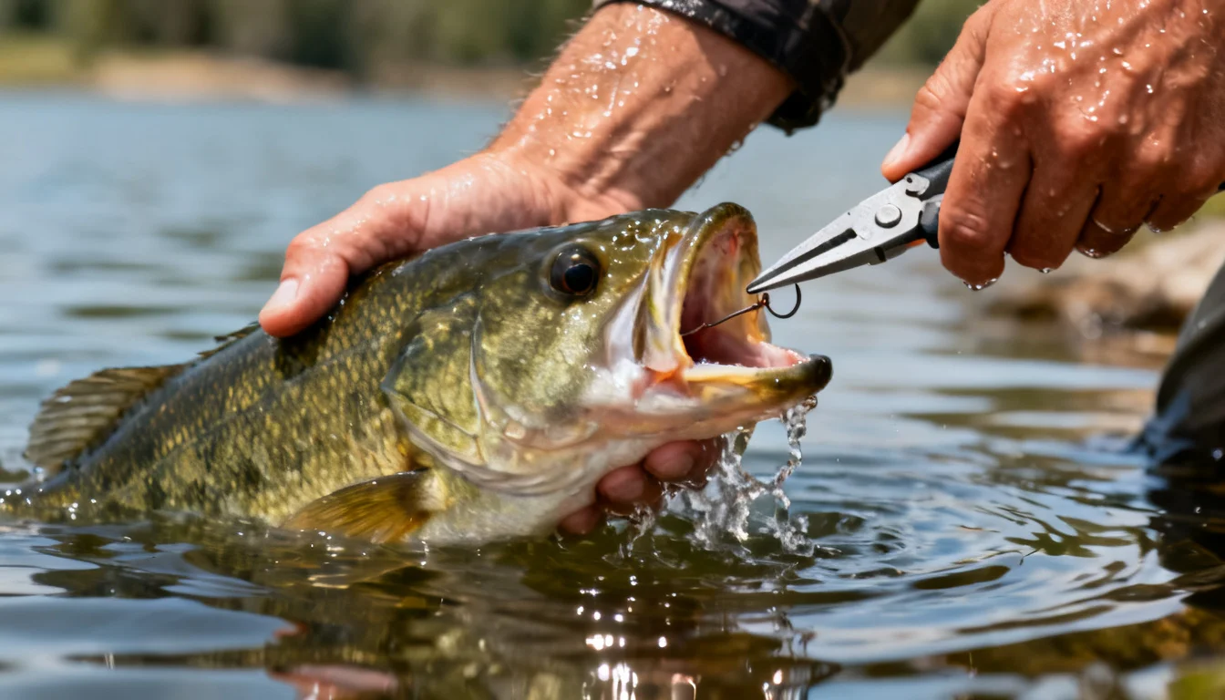Removing a hook from a bass lip with needle-nose pliers