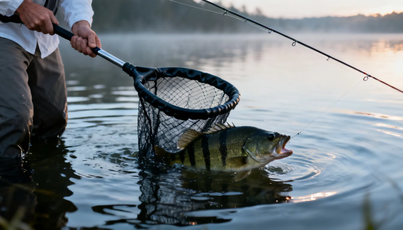 Rubber landing net waiting underwater for an exhausted bass
