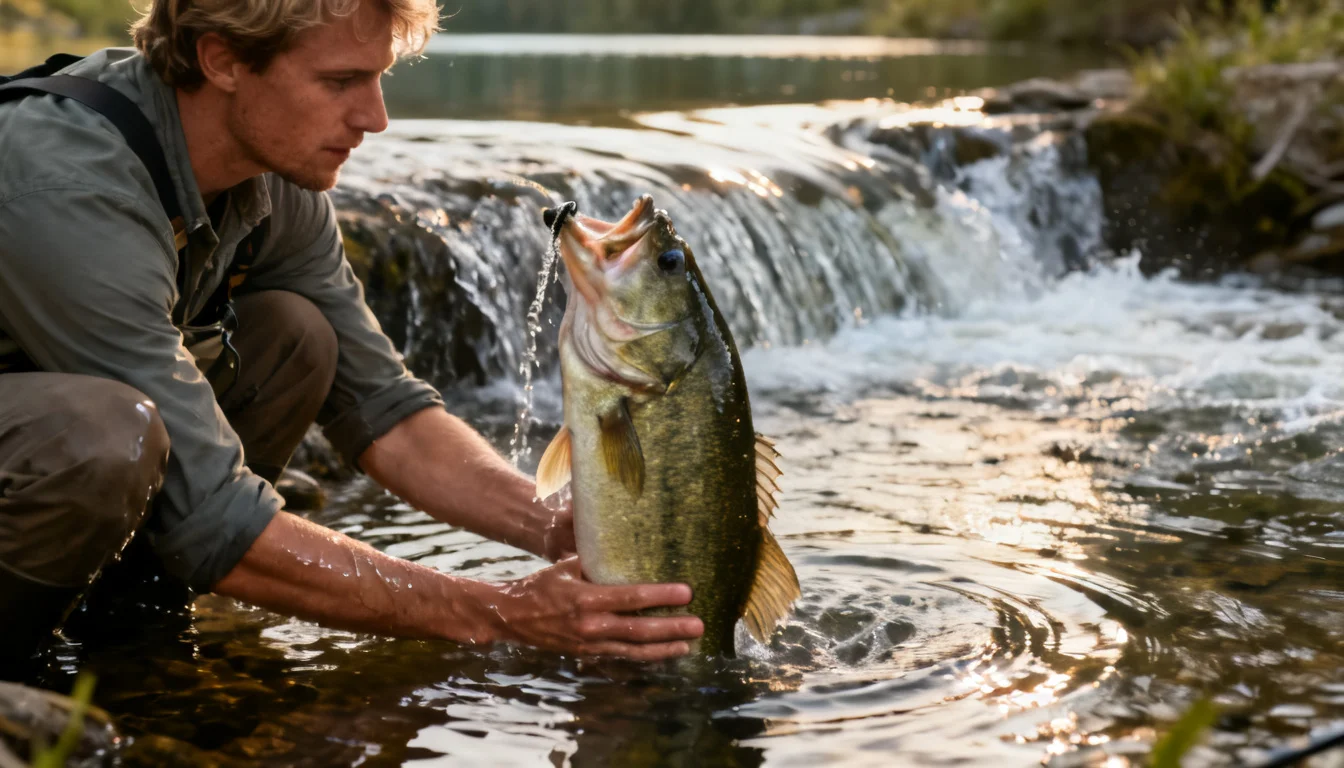 Angler reviving a bass in the water, facing the current