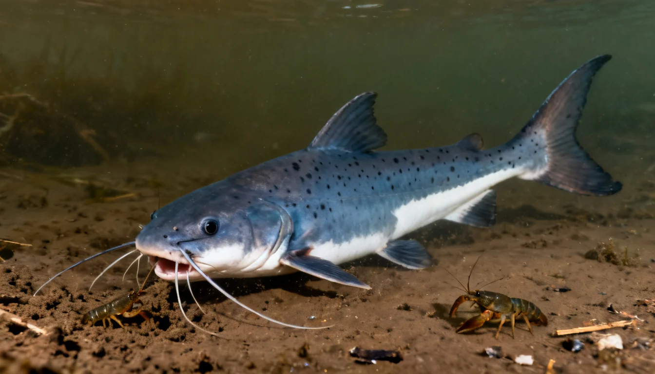 Channel catfish foraging on the bottom near a crayfish