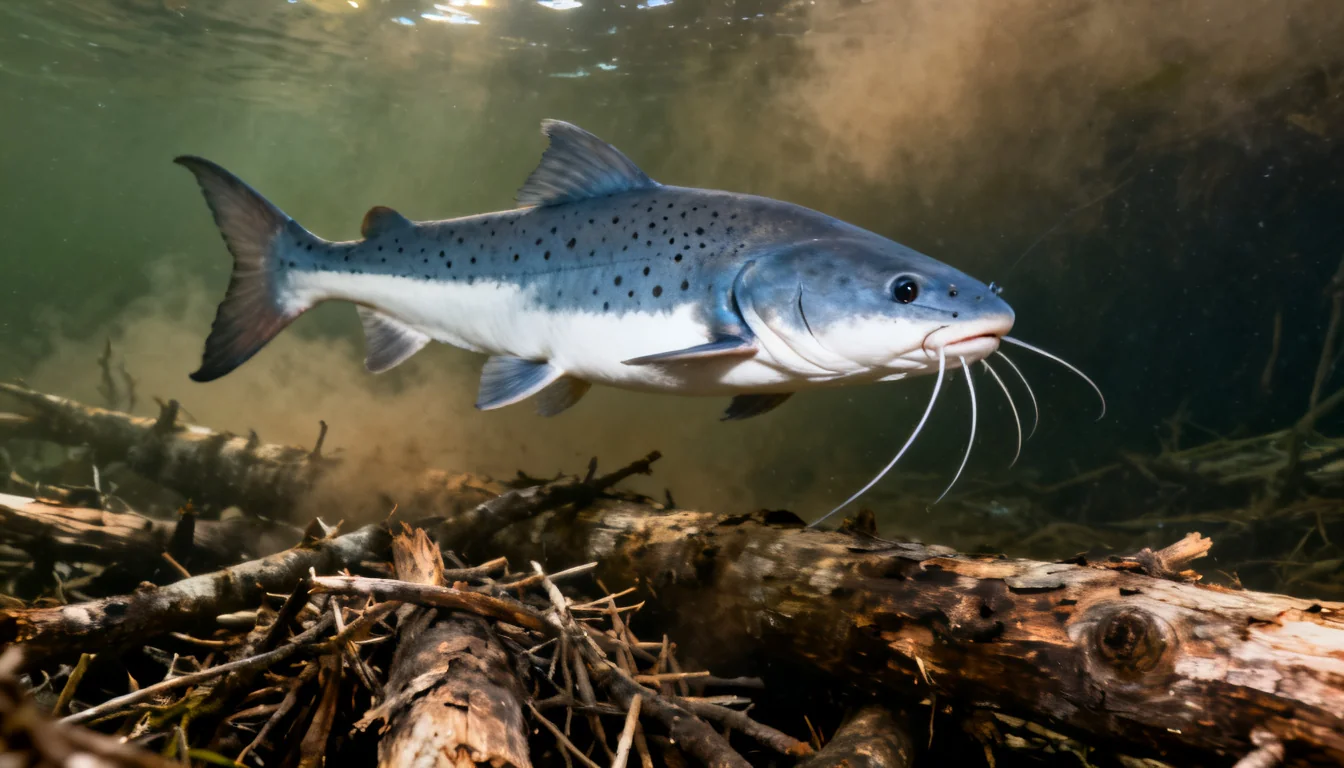 Channel catfish habitat with logjams and sunken timber