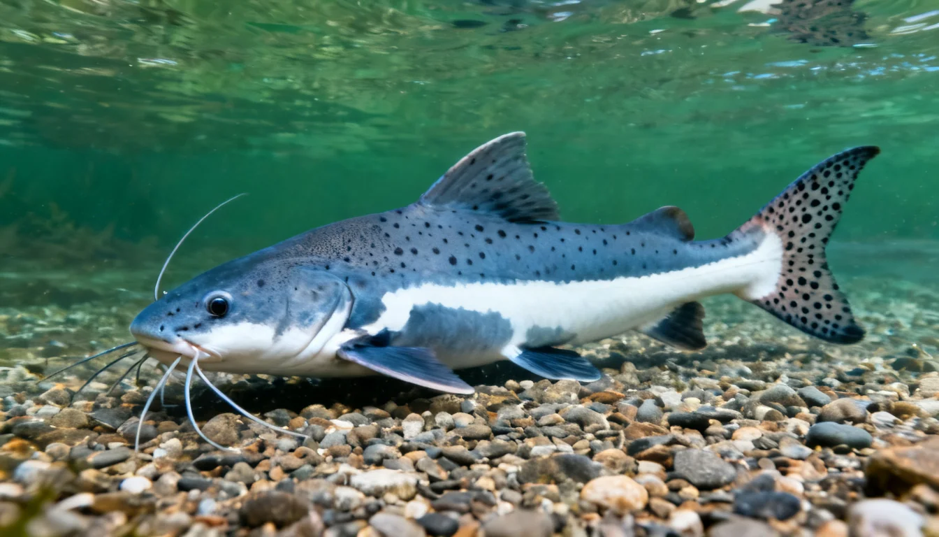 Channel catfish identification features: forked tail, dark spots, and long barbels