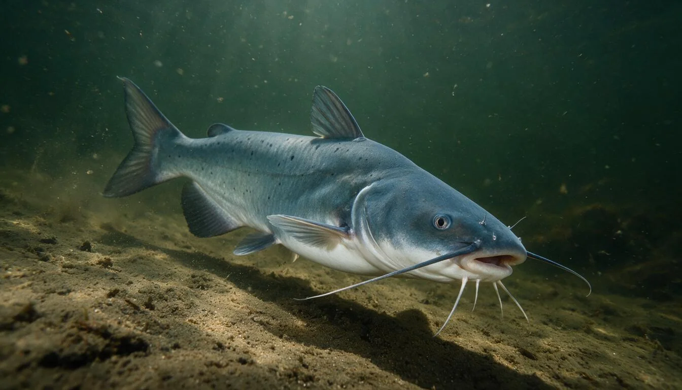 Channel catfish swimming over a muddy river bottom with sunken timber