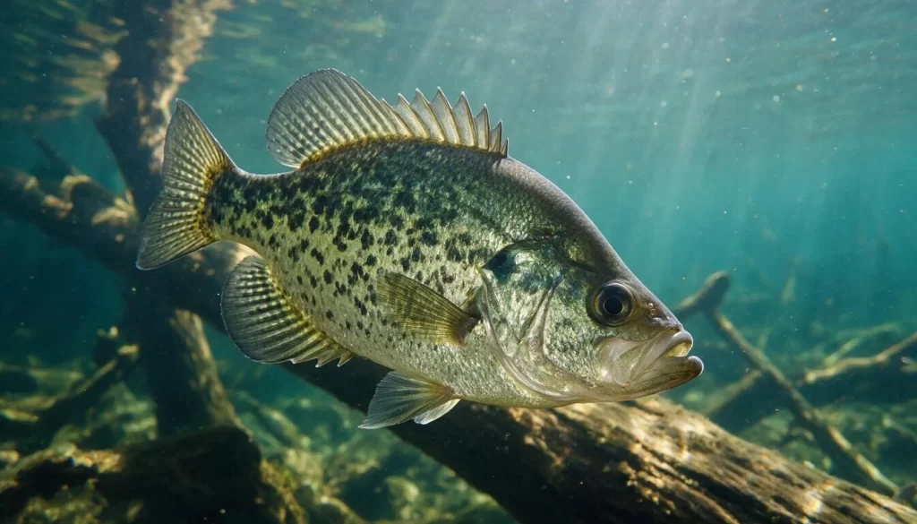 Black crappie underwater in its natural habitat