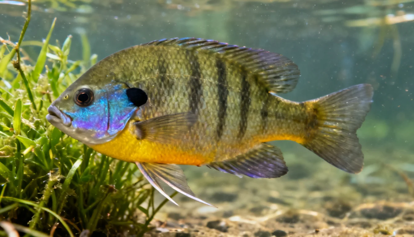 Bluegill sunfish hovering near a weed bed in clear pond water — the easiest fish to catch for beginners