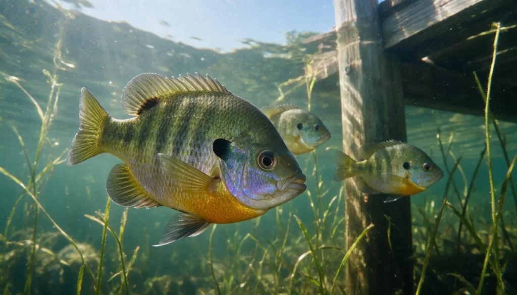 Five easy beginner fish: a bluegill school in clear pond water near a dock