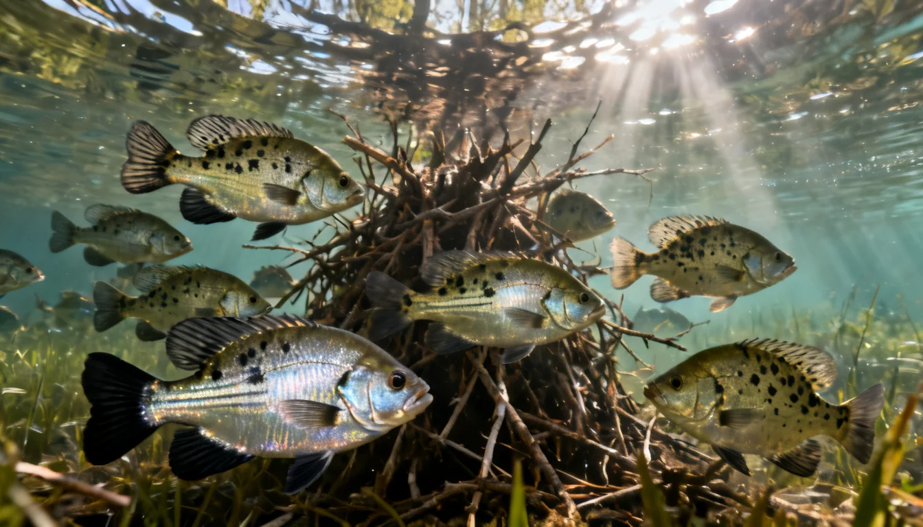 A school of crappie holding around a submerged brush pile in a pond