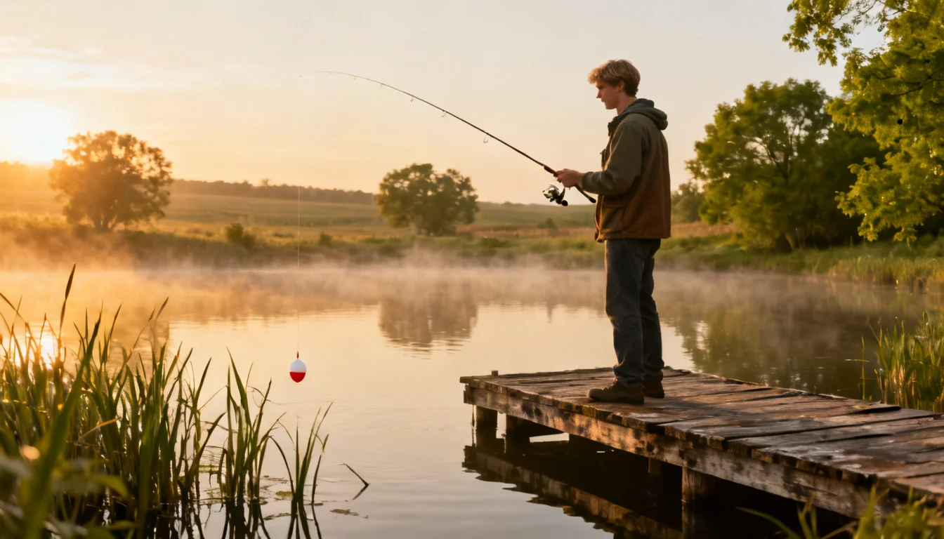 A beginner angler casting a bobber rig from a wooden dock at sunrise on a small farm pond