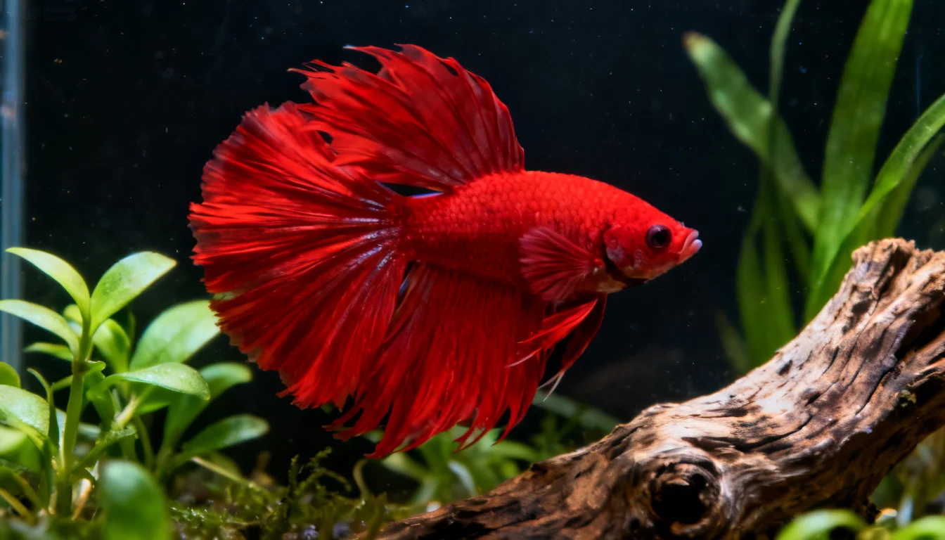 Red betta fish in a planted aquarium