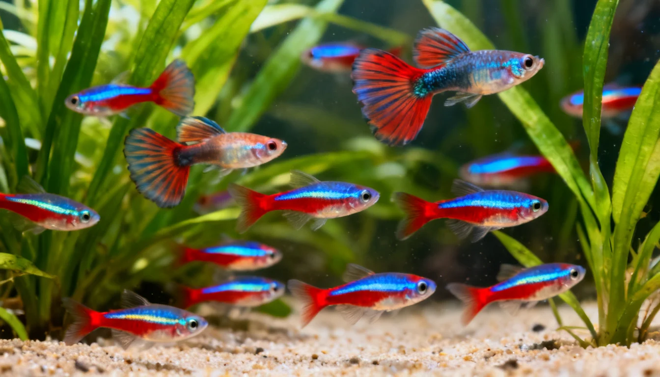 Community aquarium with guppies and neon tetras among plants