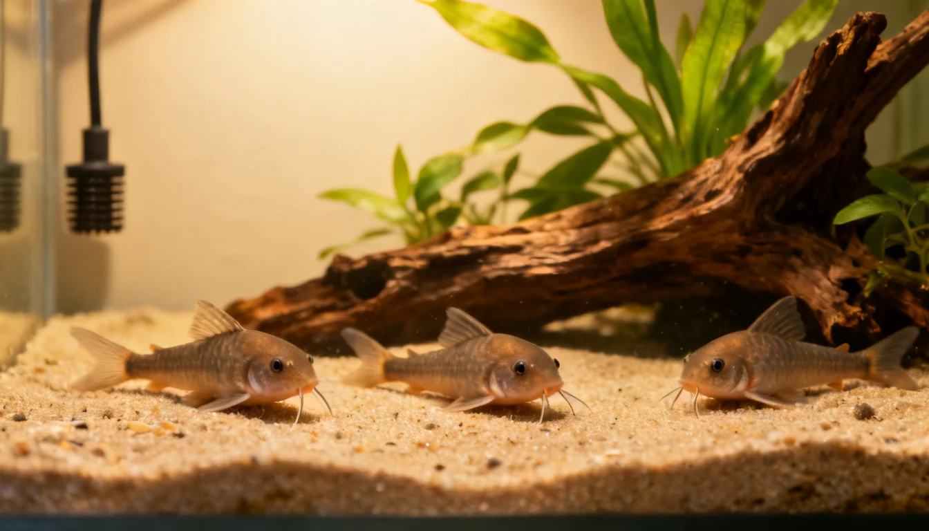 Corydoras catfish on sand with driftwood in a beginner tank