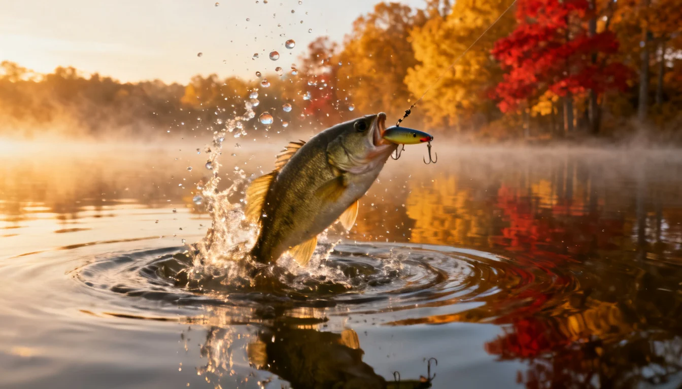 Bass striking a topwater lure at dawn on an autumn lake
