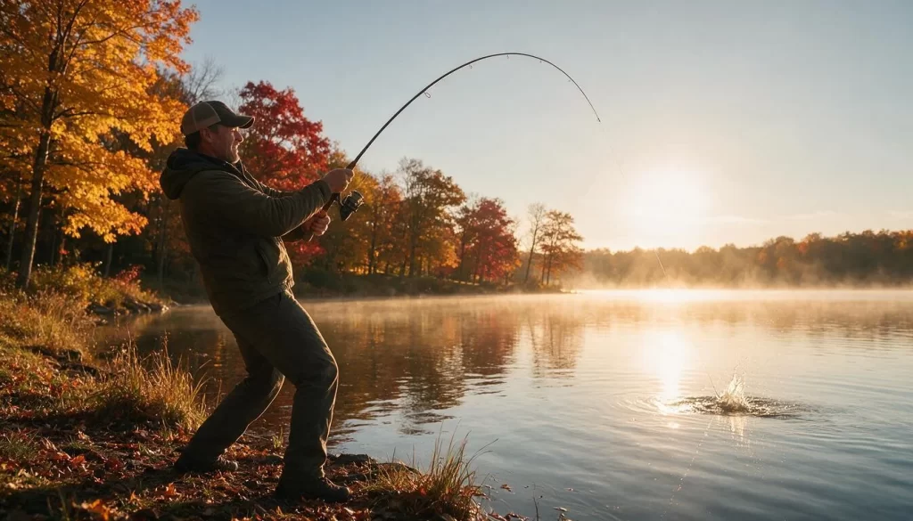 Angler fighting a fish from an autumn lakeshore during fall fishing season