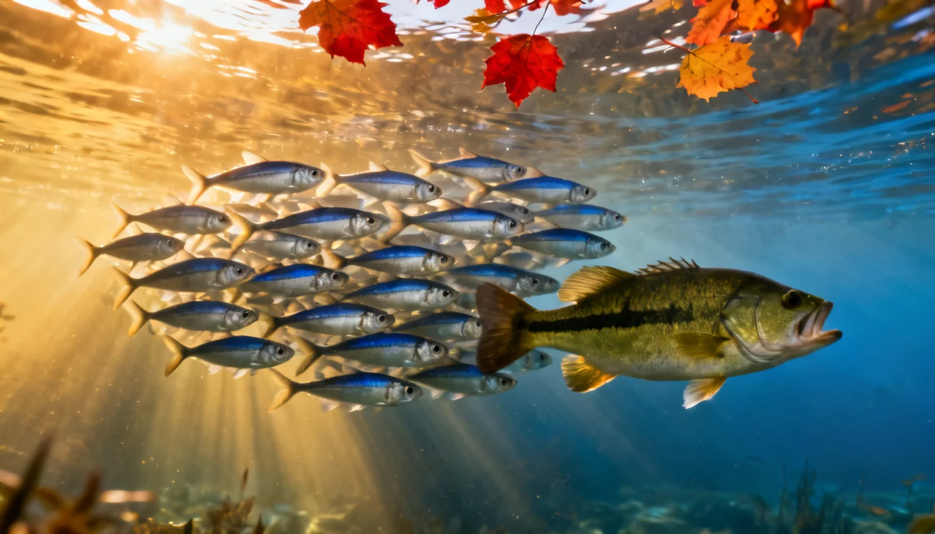 School of shad baitfish with a largemouth bass following in autumn light