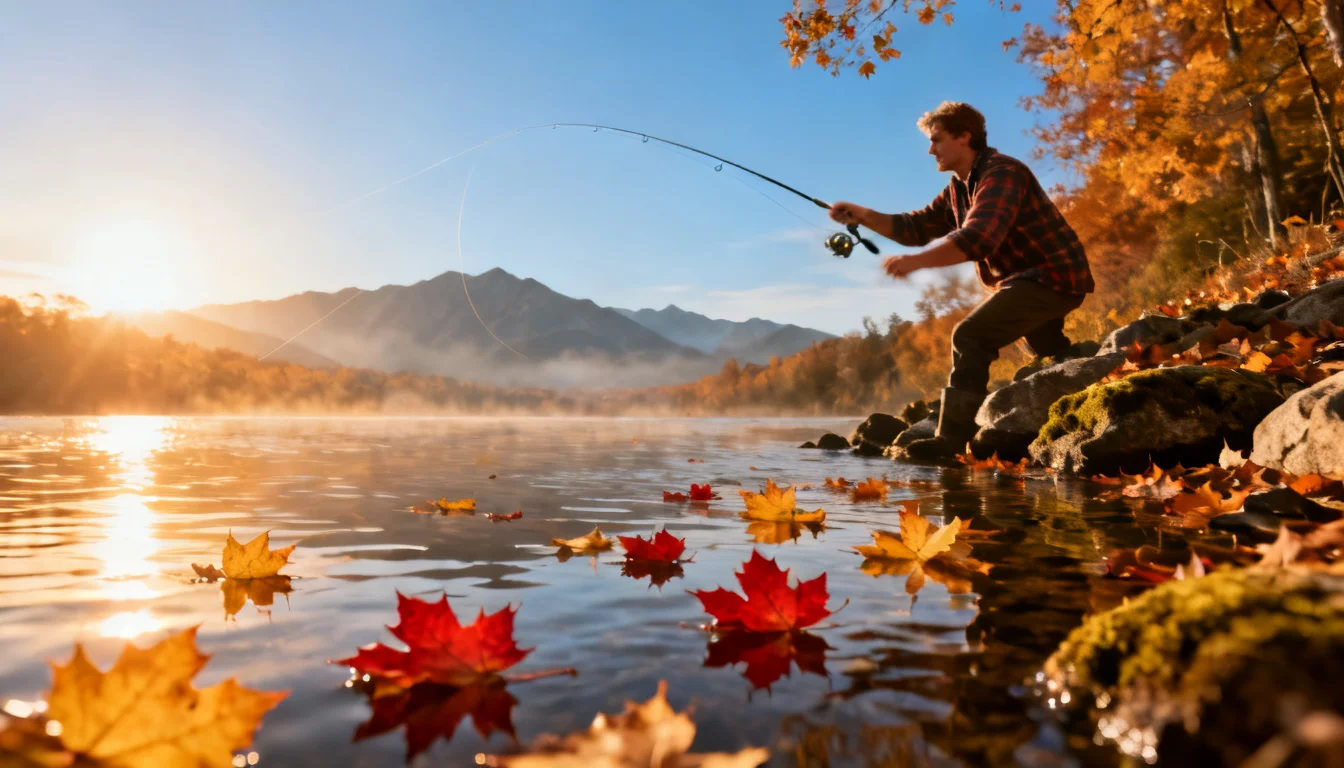 Angler casting from an autumn shoreline with leaves floating on the water