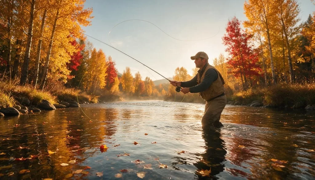 Angler fly fishing a golden autumn trout river in fall