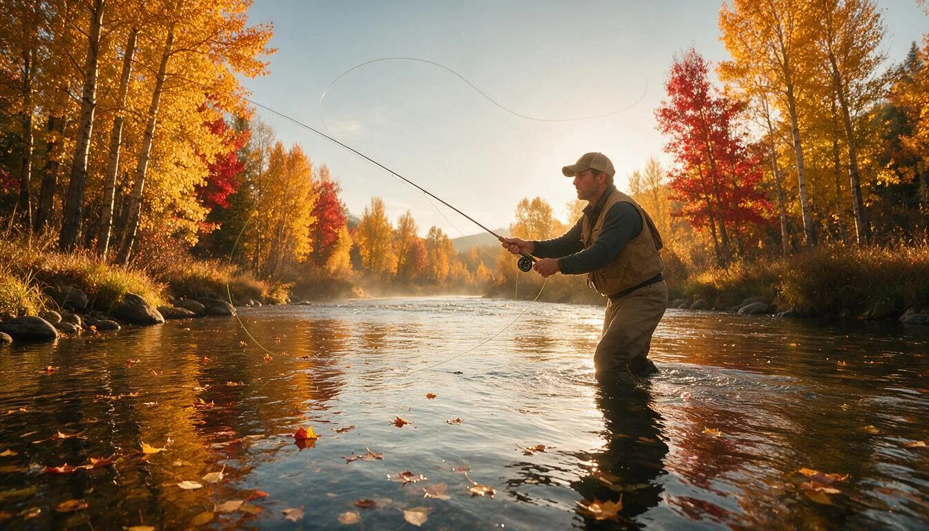 Angler fly fishing a golden autumn trout river in fall