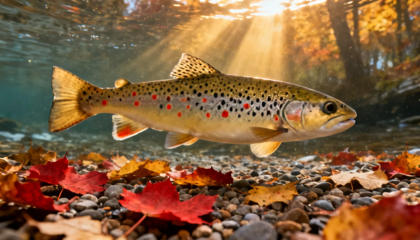 Brown trout hovering over a gravel spawning redd in an autumn stream