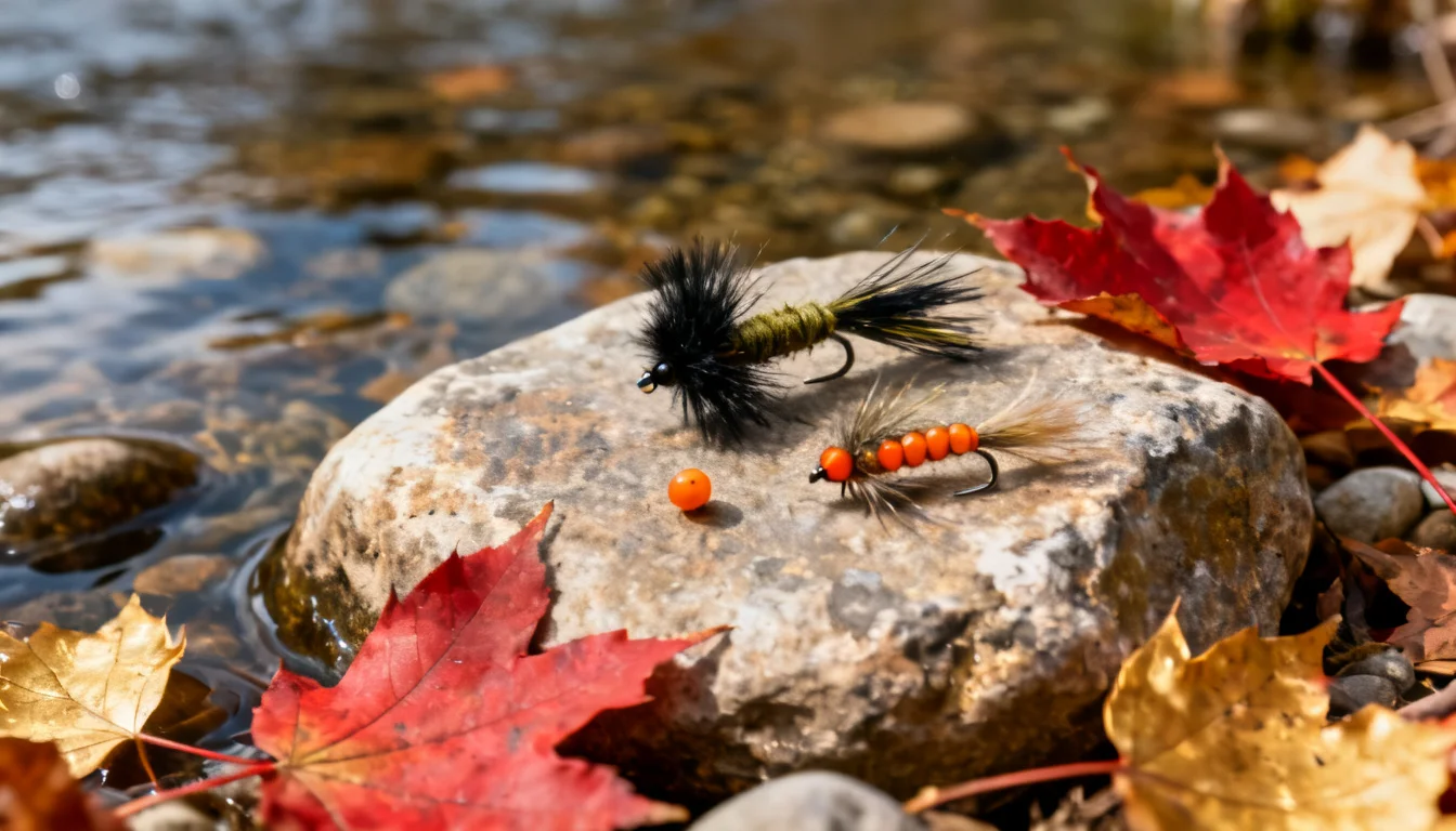Trout streamer flies and an egg pattern on a stone beside an autumn stream