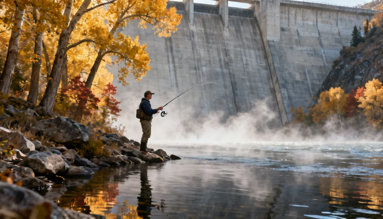 Angler casting below a dam on a tailwater river in autumn