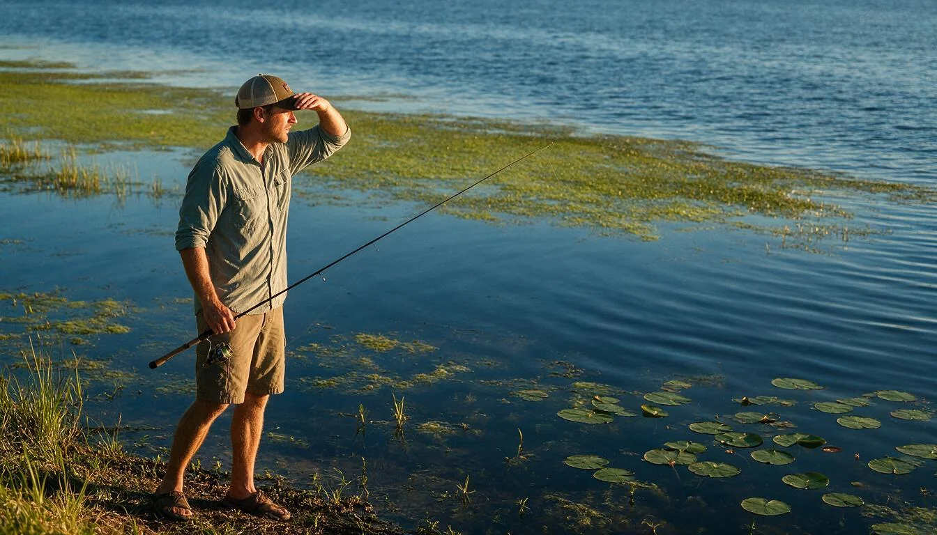 Angler studying a lake shoreline to find fish habitat — weed line meeting open water at golden hour