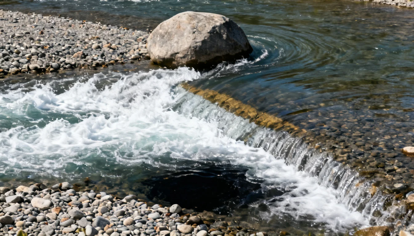 River riffle with a boulder eddy and the seam between fast and slow water